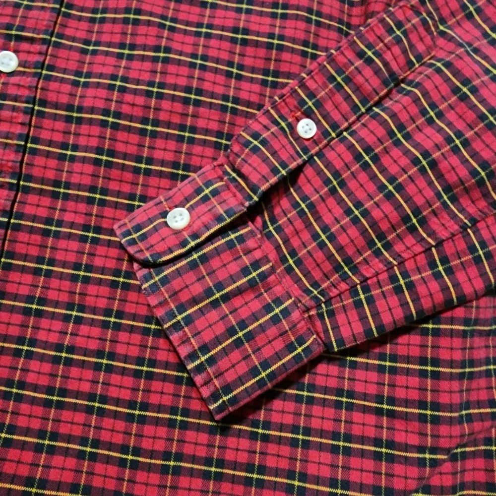 Polo Ralph Lauren Mens Custom Fit Plaid Button Down Shirt Red Black Yellow Large